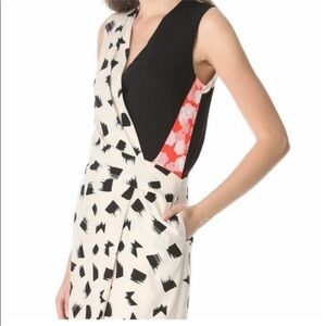 Diane Von Furstenberg Monochrome Asymmetrical Dress with Red Floral Accent
